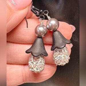 Elegant matte Black and Silver /pearl Beaded Earrings